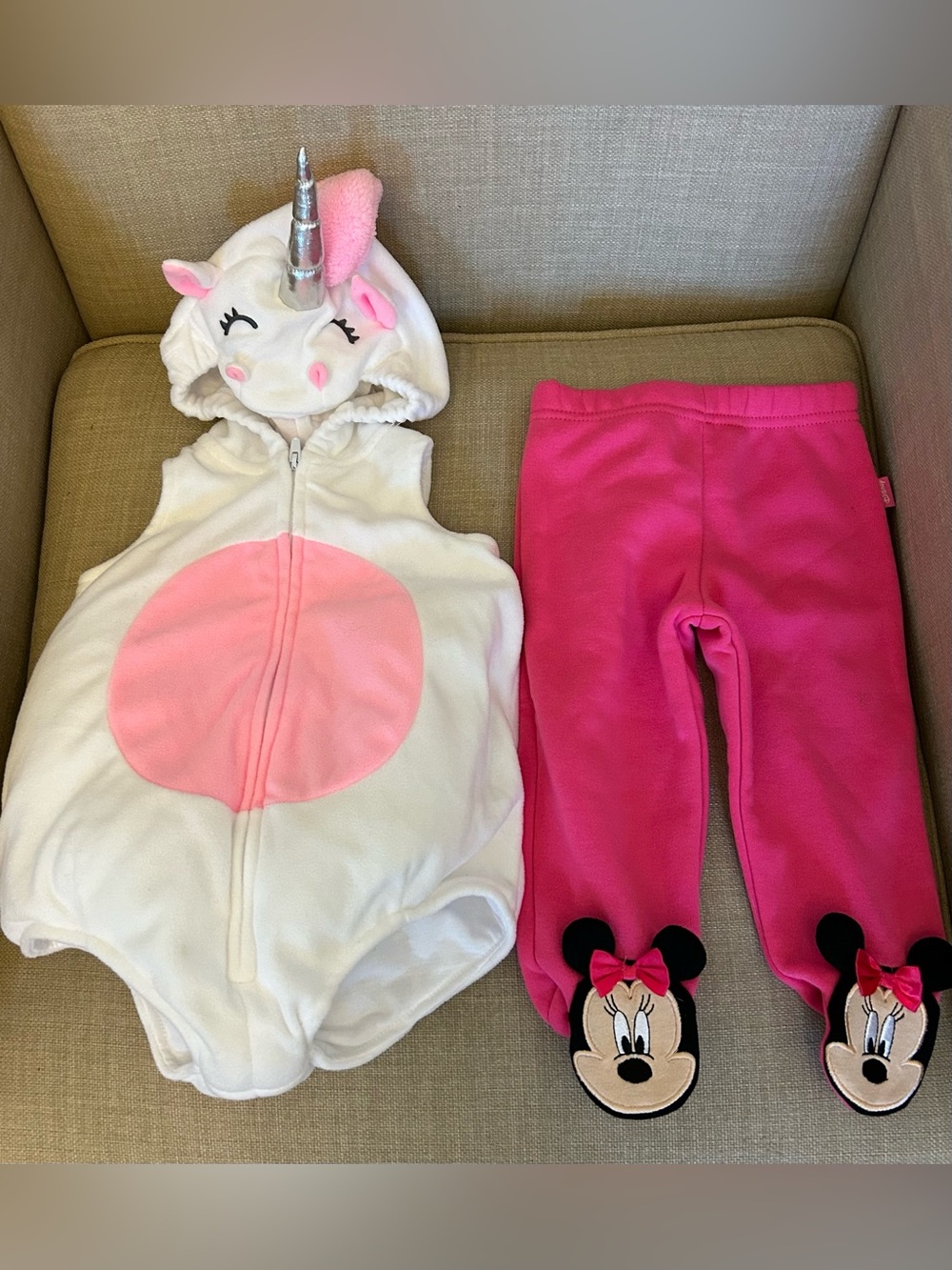 Carter’s Unicorn Hooded Baby Girl Romper & Disney Pink Minnie Legging 3 6 Months